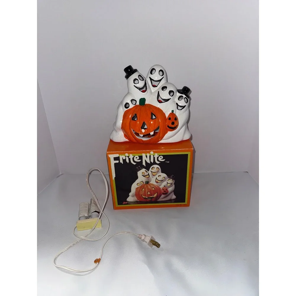 Vintage Frite Nite Halloween Ghost Pumpkin Light Up Tabletop Decoration Boxed